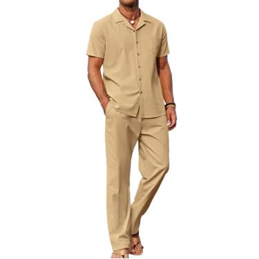 Imagem de COOFANDY Conjunto masculino de 2 peças de linho para praia, camisa de botão, casual, calça solta, Bronzeado claro, GG