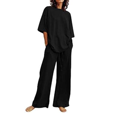 Imagem de Roupas femininas da moda de verão 2023 para mulheres, conjunto de 2 peças de linho roxo, blusas fofas, calças compridas, capri soltas, roupas casuais, Fa2-preto, Small