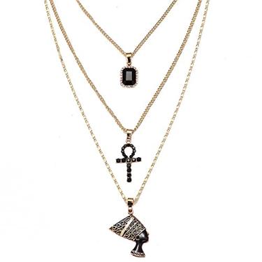 Imagem de HUJUON Colar Nefertiti Pharaoh de 3 camadas. Colar com pingente de cruz rainha egípcia em ouro punk, joia hip hop africana feminina masculina, Metal, Strass