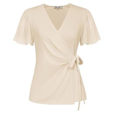 Imagem de GRACE KARIN Blusas femininas elegantes de chiffon fluidas de manga curta 2024 blusas de verão com decote em V camisas de trabalho de negócios tops, Damasco, GG