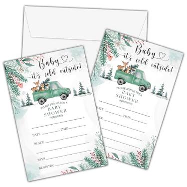 Imagem de Convites de chá de bebê Winter Wonderland com envelopes - Cartão de convite Baby It's Cold Outside para meninos e meninas - Cartões de convites de preenchimento de chá de bebê - Decorações e