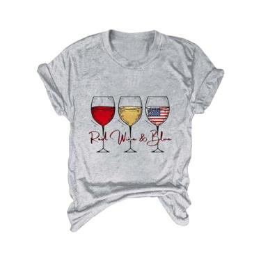 Imagem de Camiseta feminina de 4 de julho com bandeira dos EUA, taças de vinho, estampadas, gola redonda, manga curta, camiseta de verão, Cinza, P