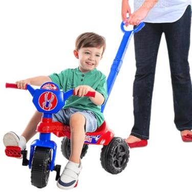 Imagem de Kit Carrinho de passeio infantil andador bebe didático triciclo de empurrar + pedal haste chave crec crec totoka spider super heroi aranha motoca menino criança 12 meses brinquedo de atividades