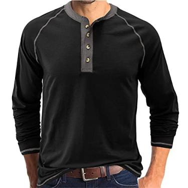 Imagem de Camisetas masculinas Henley manga comprida moletom polo outono moda 4 botões camisetas clássicas algodão golfe casual, X Preto, GG