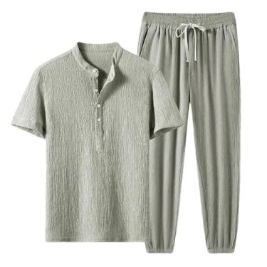 Imagem de GaoLeAve Conjuntos casuais masculinos primavera verão seda gelo respirável manga curta camisetas e calças esportivas masculinas, Caqui, G