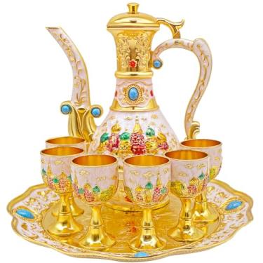 Imagem de Conjunto de bule de chá turco vintage, bule de chá e xícara de artesanato, incluindo bandeja e 6 xícaras de metal, conjunto de serviço de chá para decoração de mesa de chá (ouro)