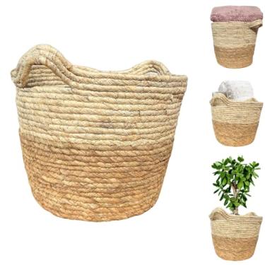 Imagem de Cesto de Fibra Natural Seagrass Palha Vaso Cachepot Plantas Pequeno Redondo Decorativo Organizador C/Alça (Médio 29x22cm)