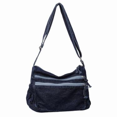 Imagem de Bolsas jeans grandes para mulheres, bolsa casual retrô transversal leve bolsa de ombro bolsas de lona, A - azul-marinho, Large