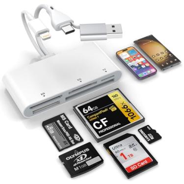 Imagem de Leitor de cartão de memória 5 em 3, Lightnin-Type C-USB A, três conectores para SD/TF/CF/Micro SD/XD/MS adaptador OTG USB, leitor de cartão de memória para iPad/iPhone/Android/MacBook/PC com