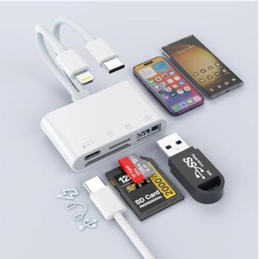 Imagem de Leitor de cartão USB C Lightning SD TF, leitor de cartão de memória 4 em 2 para iPhone 15/iPad/Mac/Laptop, adaptador de cartão de câmera digital de conector duplo com SD+TF+USB OTG + carregamento USB
