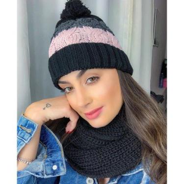 Imagem de Conjunto Touca Pompom Listrada Com Cachecol Gola Lã Macio Quentinho - 