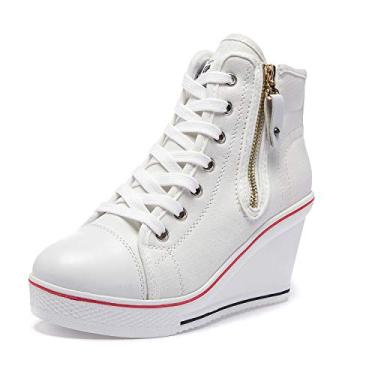 Imagem de Sapatos femininos de lona de salto alto modernos, sapatos casuais para caminhada, plataforma, sapatos de salto alto, 04 branco, 40