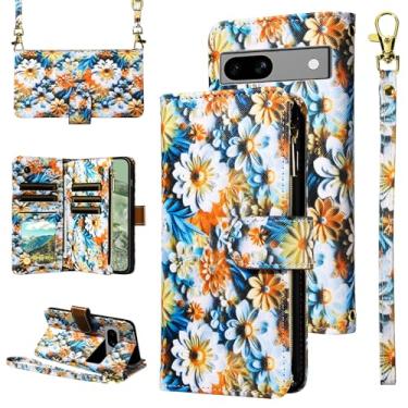 Imagem de Furill Capa carteira para Google Pixel 6A 5G 2022 com alça de pulso removível alça de ombro transversal de couro flor bolsa com zíper suporte para cartão de crédito capa protetora para celular Pixel6A