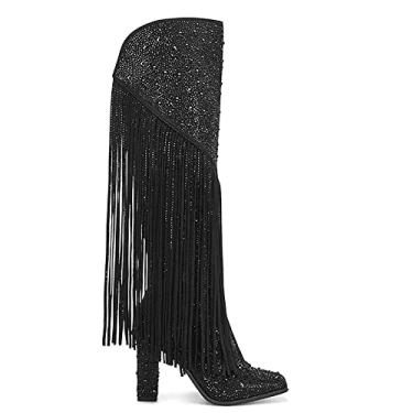 Imagem de Ouepiano Botas femininas de caubói com franja e strass, estilo caubói, bico fino, bloco de salto alto com zíper, botas de cano alto para meninas, festas, encontros, Preto, 5