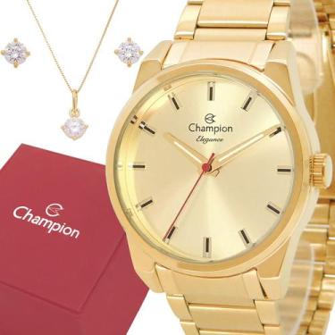 Imagem de Relógio Mulher Champion Original Analógico Dourado Kit Joias Cor Do Fu