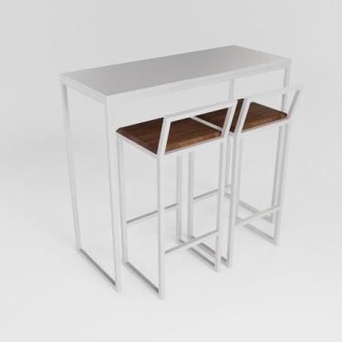Imagem de Bancada Cozinha Balcão Gourmet 120cm Branco Com 2 Banquetas Imbuia Br 