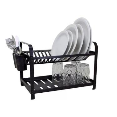 Imagem de Escorredor 16 Pratos Em Aço Inox preto e Porta Talheres - Mak-Inox