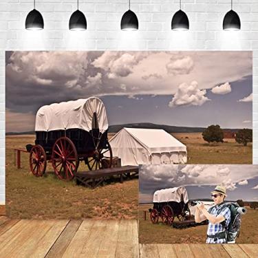 Imagem de OERJU 1,5 x 1,2 m Wild West Wagons pano de fundo para viagem ao ar livre, tema de viagem, barraca de pastagem, caubói ocidental, paisagem agrícola, fotografia de fundo para crianças, adultos, retrato,