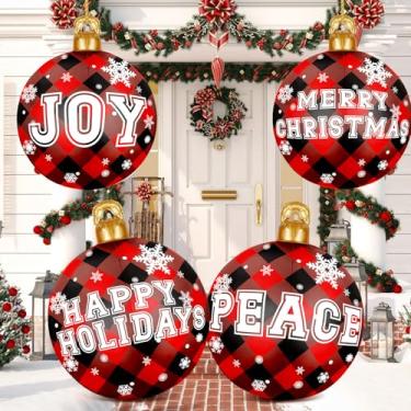 Imagem de Bola inflável gigante de Natal de 63 cm com 4 peças, bola inflável xadrez vermelho preto búfalo gigante, ornamentos infláveis gigantes de Natal ao ar livre, decoração de jardim de PVC inflável decorada para decoração de jardim