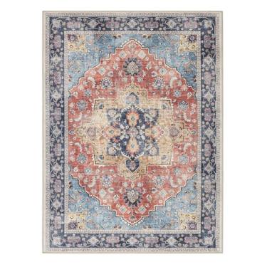 Imagem de Weaverlane Tapete lavável à máquina com suporte antiderrapante para sala de estar, quarto, cozinha, decoração de piso vintage envelhecido impresso tapete dobrável resistente a manchas (azul vermelho,