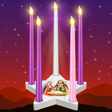 Imagem de Sliner Castiçal de Natal Advento Presépio Conjunto de Castiçais de Natal 1 Forma de Estrela Guirlanda de Madeira Advento Castiçais e Velas Manto Rústico Decoração de Mesa de Férias (Novidade)