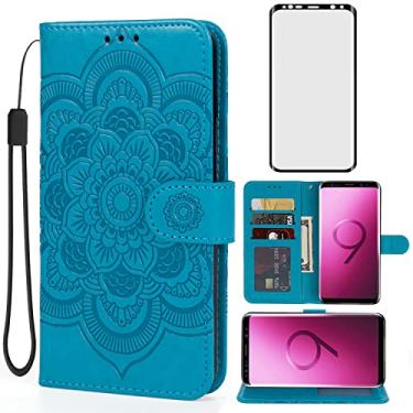Imagem de Bohefo Capa carteira para Galaxy S9/Samsung S9 SM-G960U com protetor de tela de vidro temperado, capa flip de couro mandala em relevo com suporte para cartão de crédito para Samsung Galaxy S9 azul