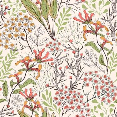 Imagem de VEELIKE Papel de parede floral boho vintage tropical, papel de parede de ervas para quarto, banheiro, 48 x 900 cm, papel de parede botânico removível, papel de contato para armários e paredes