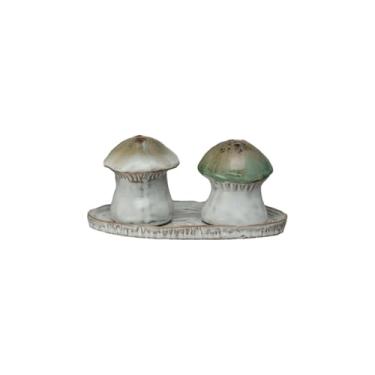 Imagem de The Bridge Collection Conjunto de saleiro e pimenteiro de cogumelos – Acessórios de jantar da floresta terrosa – Detalhe encantador de cozinha de fazenda – Coqueteleiros decorativos com bandeja