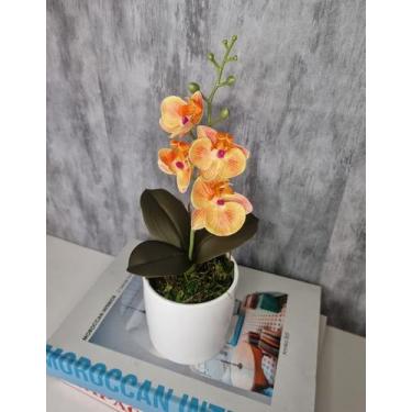 Imagem de Arranjo De Mini Orquídea Laranja Vaso Branco Redondo - FLORESCER DECOR