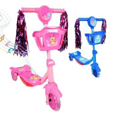 Imagem de Patinete Infantil 3 Rodas com Luzes Led e Cesta Emite Som Musical Altura Regulável e Freio Traseiro (Rosa)