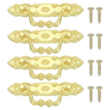 Imagem de PATIKIL Alças decorativas vintage 3,9 x 1,34, 4 peças de puxadores de gaveta com parafusos para armário caixa de madeira guarda-roupa armário cômoda móveis ferragens, tom dourado