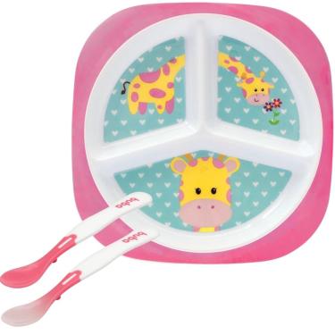 Imagem de Kit Prato Infantil Com Divisórias 2 Colher Termo Buba Girafa