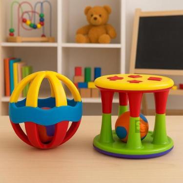 Imagem de Bolinha Chocalho Didática para Bebe Colorida + Torre Chocalho com Boli