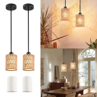 Imagem de OUVR Luminária Pendente Estilo Boho - Abajur 2 Em 1 De Vime E Linho, Luminária Pendente Ajustável Para Ilha De Cozinha, Sala De Jantar, Casa De Fazenda, Quarto (Pacote Com 2)