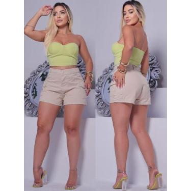Imagem de Short Cargo Jeans Feminino Cintura Alta Bege - KCG STORE, Bege, 44