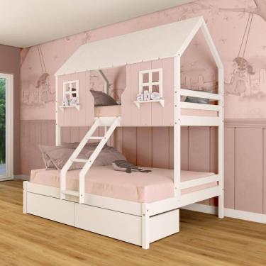 Imagem de Beliche Casal/ Solteiro Casinha Encantada com 02 Gavetas Madeira Maciça Rosa/ Branco Megamobilia