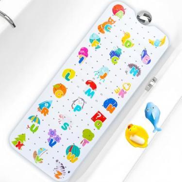 Imagem de Tapete de banho infantil antiderrapante para banheira extra longo 102 x 40 cm, tapete de chuveiro antiderrapante com ventosas e orifícios de drenagem, lavável na máquina (alfabeto)