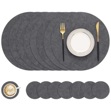 Imagem de homing Jogo americano redondo de couro sintético e porta-copos conjunto com 8 - tapetes laváveis e resistentes ao calor, tapetes de mesa dupla face limpáveis para ambientes internos e externos