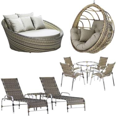 Imagem de  Kit 4 Cadeiras E Mesa, 2 Espreguiçadeiras, 1 Balanço Ninho E 1 Chaise Em Alumínio Trama