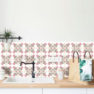 Imagem de AMAZINGWALL Adesivos de azulejo rosa Lokelani - Decalques de vinil removíveis para cozinha Backsplash, mural autoadesivo de parede à prova d'água 6 x 6/peças 24 peças