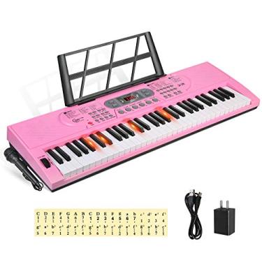 Imagem de Hricane Teclado teclas iluminadas para piano para iniciantes adultos adolescentes, crianças, teclado de música eletrônica de 61 teclas com modos de ensino alimentado por USB ou bateria com visor LCD para microfone entrada de fone de ouvido