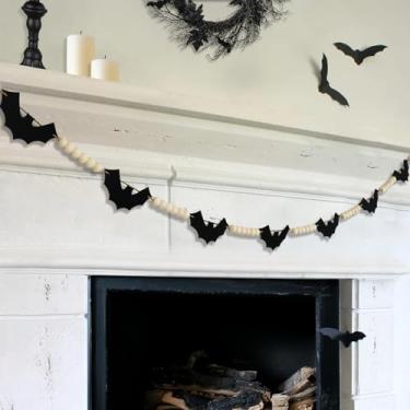 Imagem de CESOF Decorações De Guirlanda Halloween - Decoração Lareira Morcego Feltro Preto Assustador Ajustável, Estética Com Contas Madeira Estilo Boho Para Sala Estar, Interior, Fazenda, Escritório, Parede