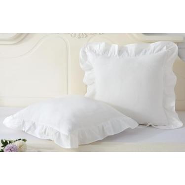 Imagem de Capas de travesseiro brancas com babados 50,8 x 50,8 cm, pacote com 2 fronhas vintage xadrez de algodão lavado para cama, sofá, sala de estar