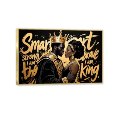 Imagem de Arte de parede do rei e da rainha africana impressões em tela de casal preto impressões abstratas inspiradoras de homem negro pôster para sala de estar quarto banheiro 45 x 30 cm (18 x 12 pol) moldura