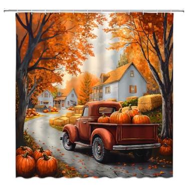 Imagem de ZKJSMGS Cortina de chuveiro de outono de ação de graças, rústica abóbora caminhão bordo árvore fazenda laranja ocidental cortina de banheiro decoração de casa com ganchos, 187 x 178 cm