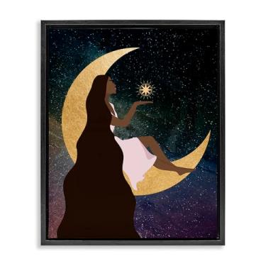 Imagem de Stupell Industries Design de arte de parede em tela flutuante emoldurada preta Woman on Moon with Starlight por Daniela Santiago, 17 x 21