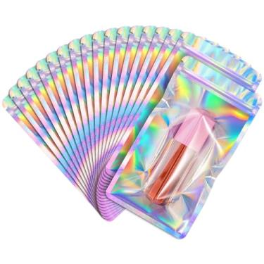Imagem de FUNFERY Pacote com 100 sacos holográficos de janela transparente de canto redondo, sacos resseláveis, bolsa com zíper Mylar, bolsa de embalagem para doces, joias, sabonete, pincéis, suprimentos para