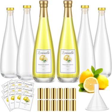 Imagem de Maxcheck Conjunto de 6 garrafas de vinho de vidro limoncello de 325 ml de 330 ml com etiquetas adesivas, herméticas, vazias, garrafas de licor transparentes com tampa para extração caseira de licor