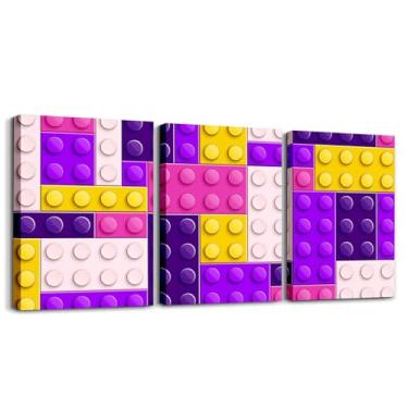 Imagem de Feelyou Pôster de tela de brinquedo colorido para adolescentes com blocos de construção engraçados, pintura de parede 30,5 x 40,6 cm, 3 peças, roxo, amarelo, tijolo geométrico, arte de parede, jogos