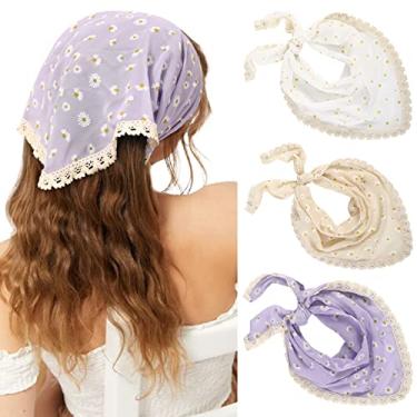 Imagem de Molans Lenço de cabeça floral, lenço de cabelo de chiffon, lenço de cabelo boho vintage para mulheres e meninas, Roxo/amarelo/branco, 1 Count (Pack of 3)